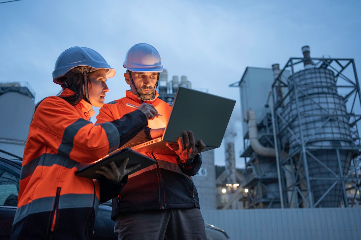 Two workers at a nuclear power plant looking at a laptop