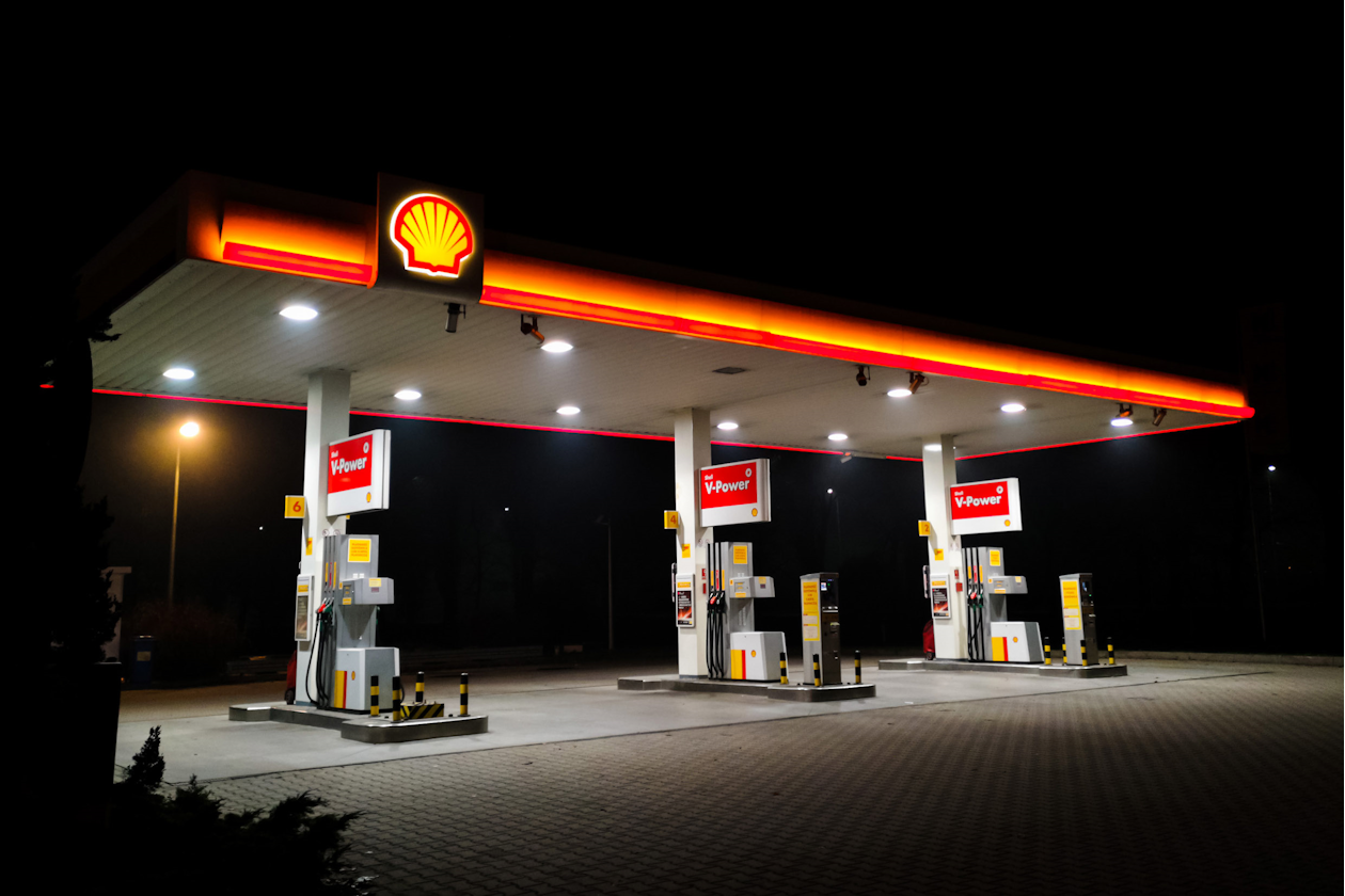 Shell garage at night
