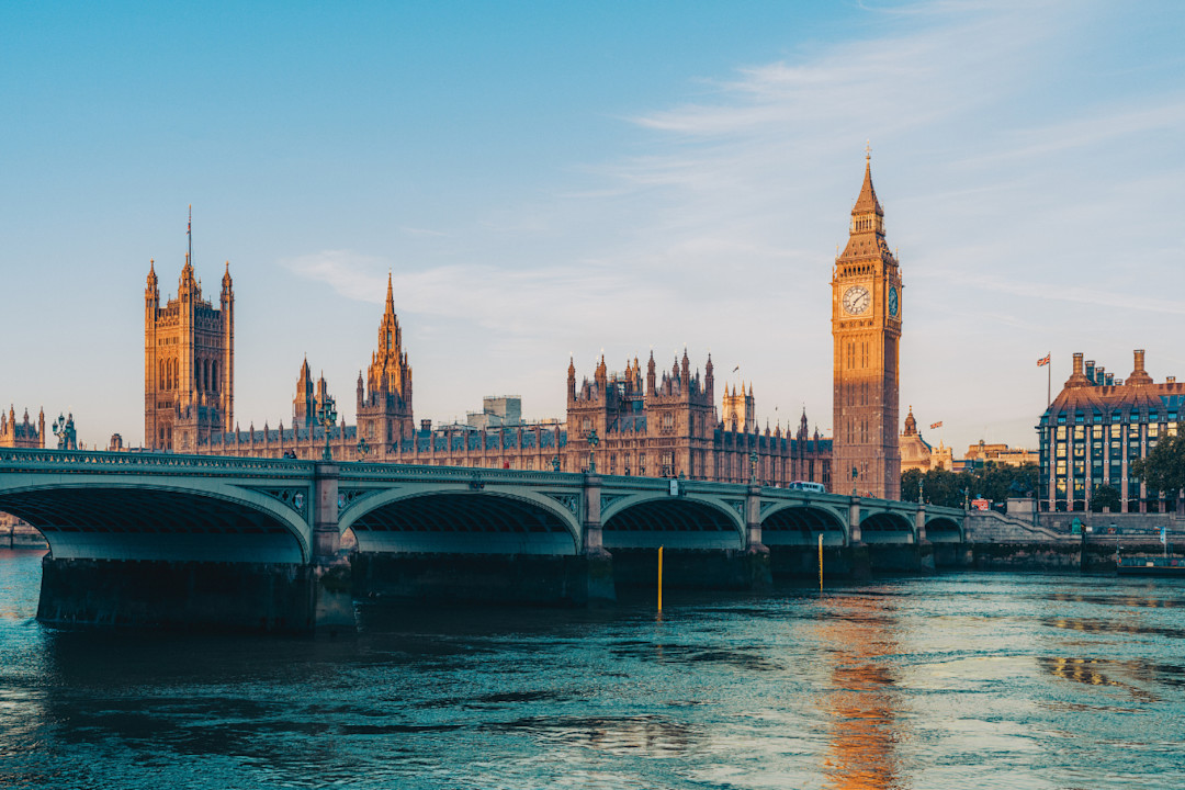 Big Ben and Westminster Bridge in London at sunrise