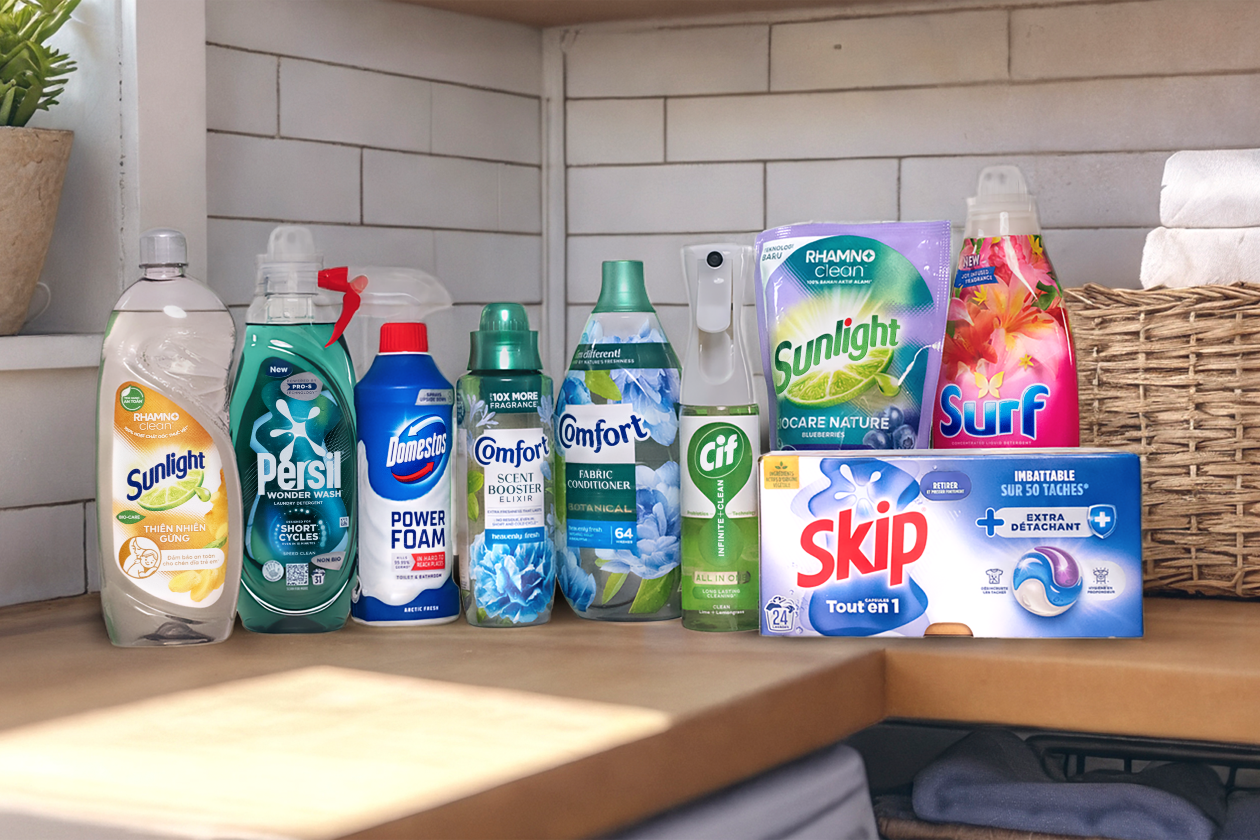 Unilever 2025 - a range of Unilever branded products laid out on a kitchen worktop.png