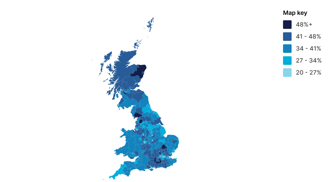 Colour-coded map of the UK showing proportion of households on track for a moderate retirement income 01