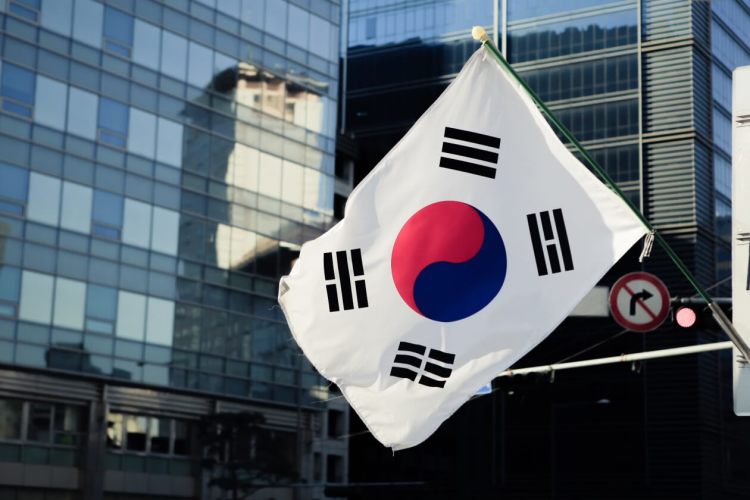 South Korean flag in front of a modern building.jpg