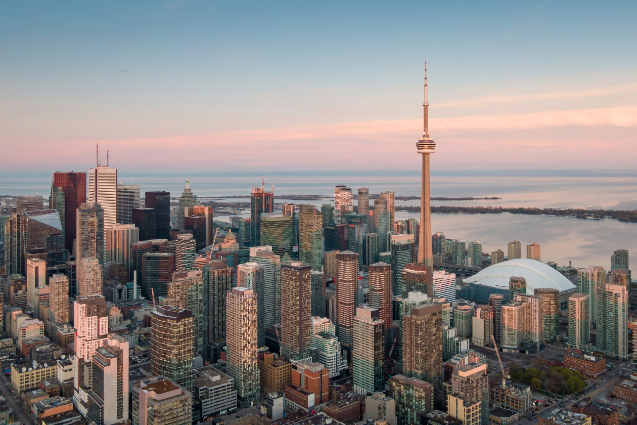 Aerial view of Toronto Financial District at sunset, Ontario, Canada.jpg