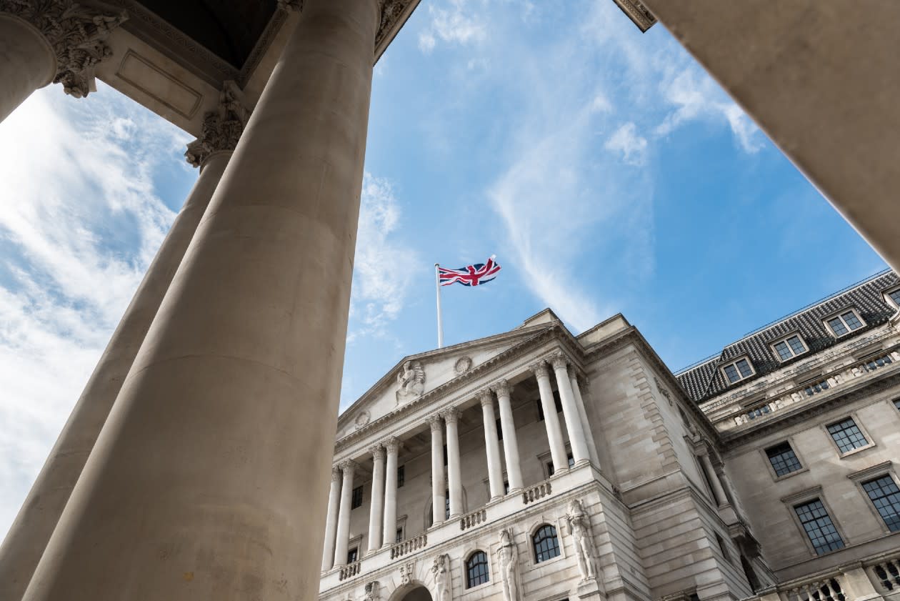 Upward view of the Bank of England building on Threadneedle street in London