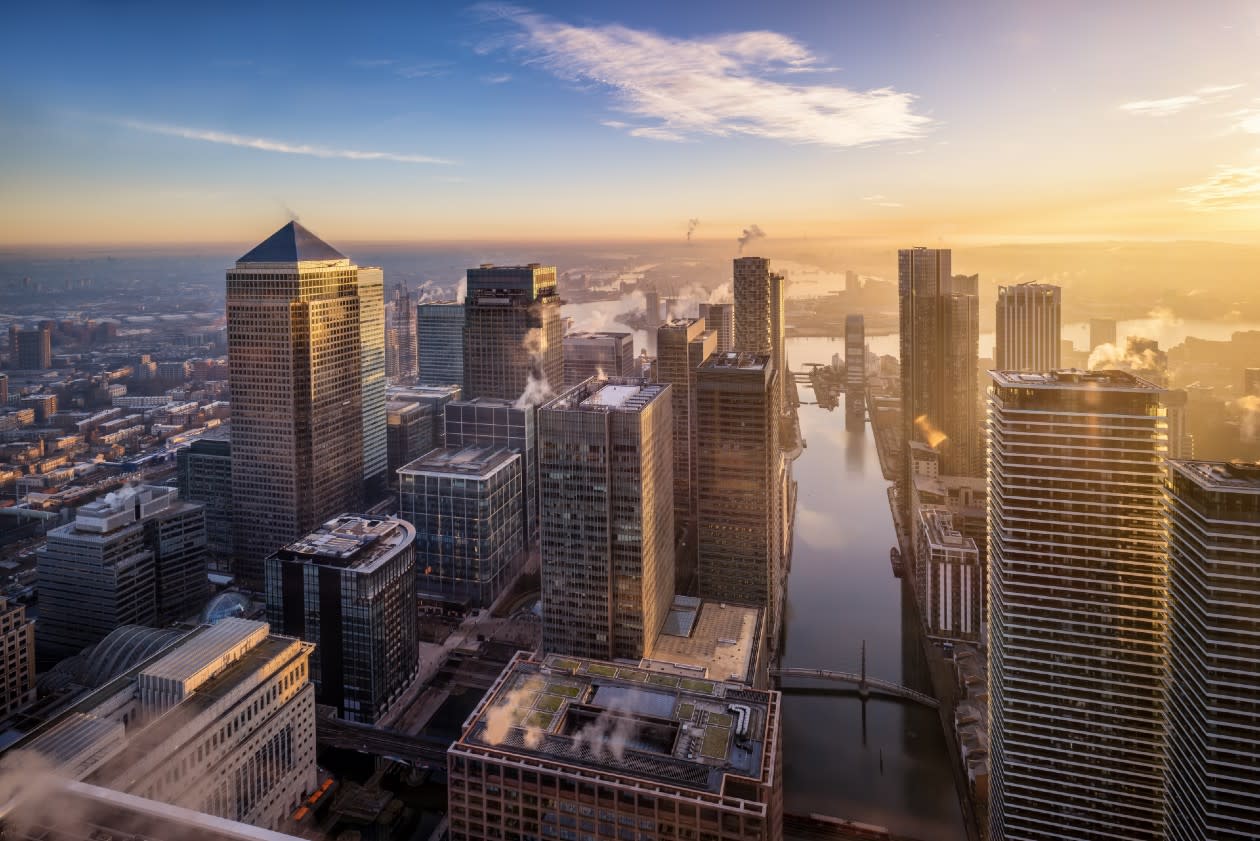 Aerial view of the skyscraper buildings at the London financial district Canary Wharf at sunrise.jpg