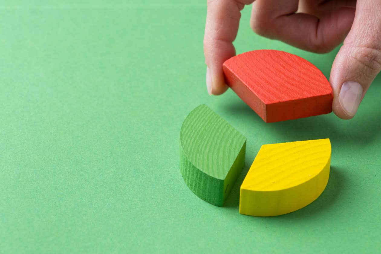 Person with a pie chart made of three wooden blocks.jpg