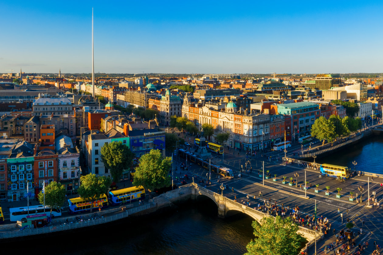 Dublin aerial view with Liffey river and O-Connell bridge during sunset- GettyImages